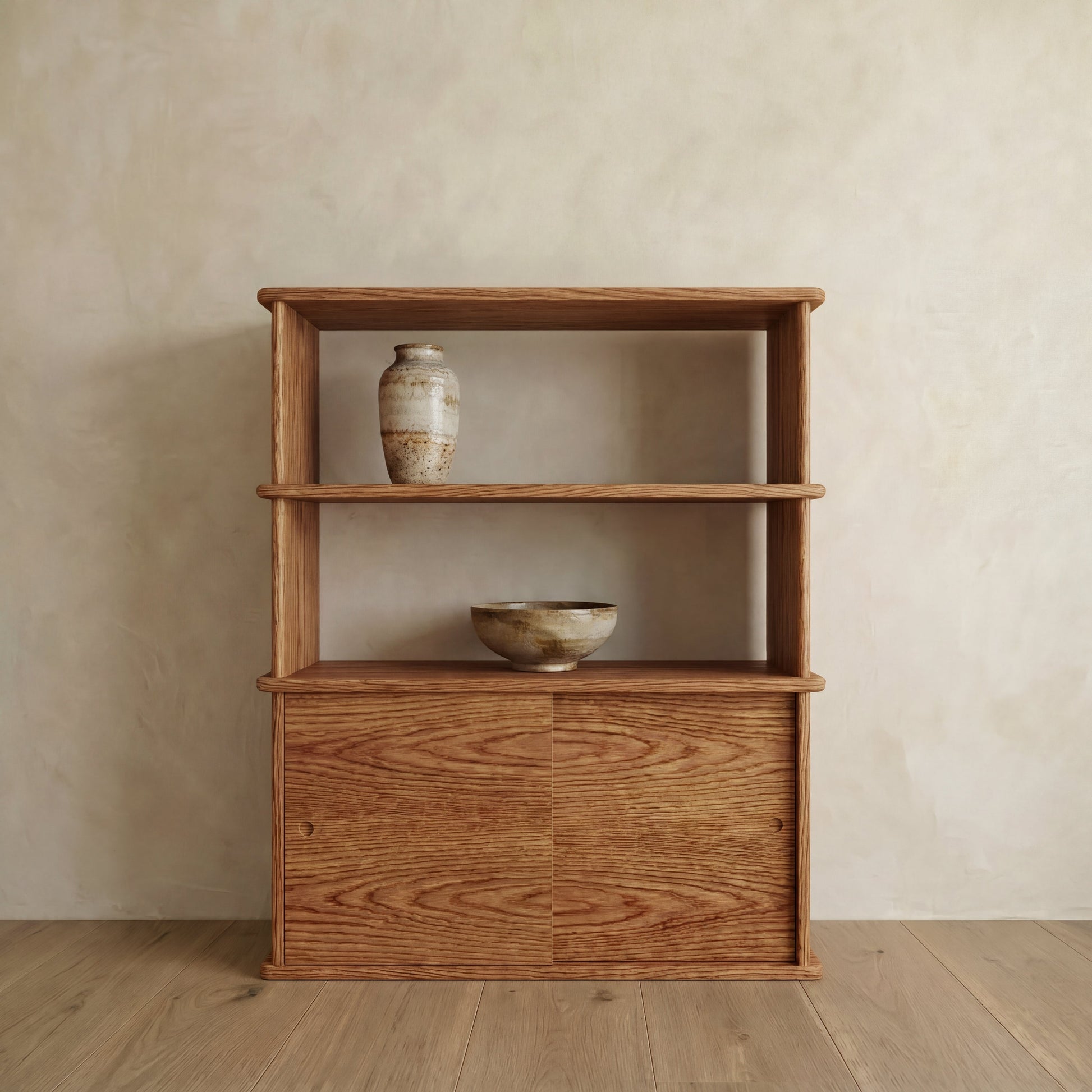 Sliding door bookcase in red oak