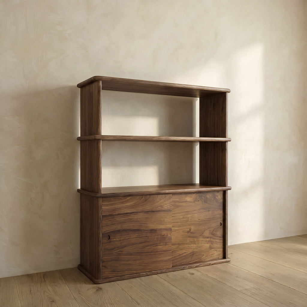 Sliding door bookcase in walnut