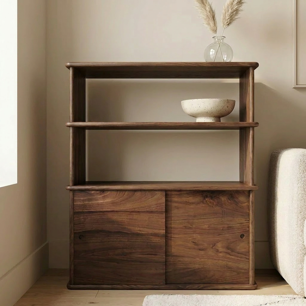 Sliding door bookcase in walnut