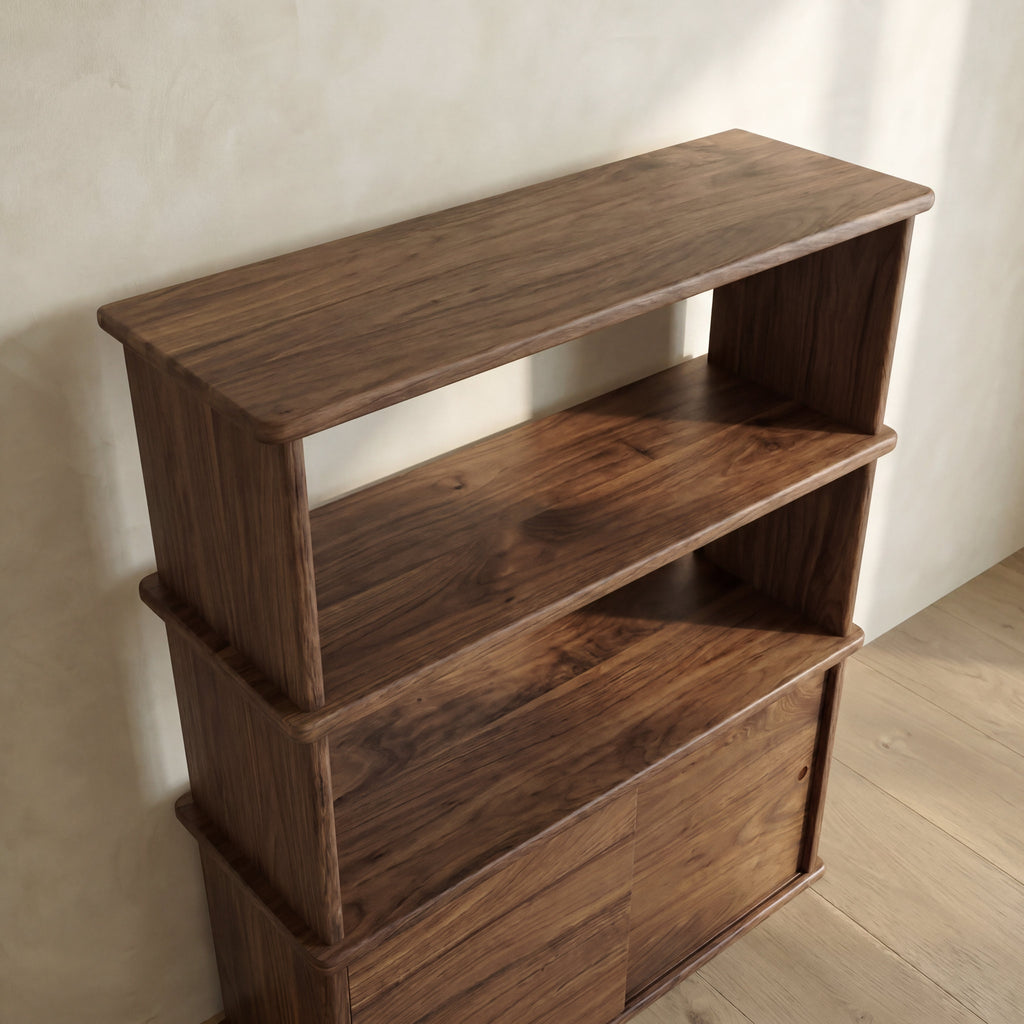 Sliding door bookcase in walnut