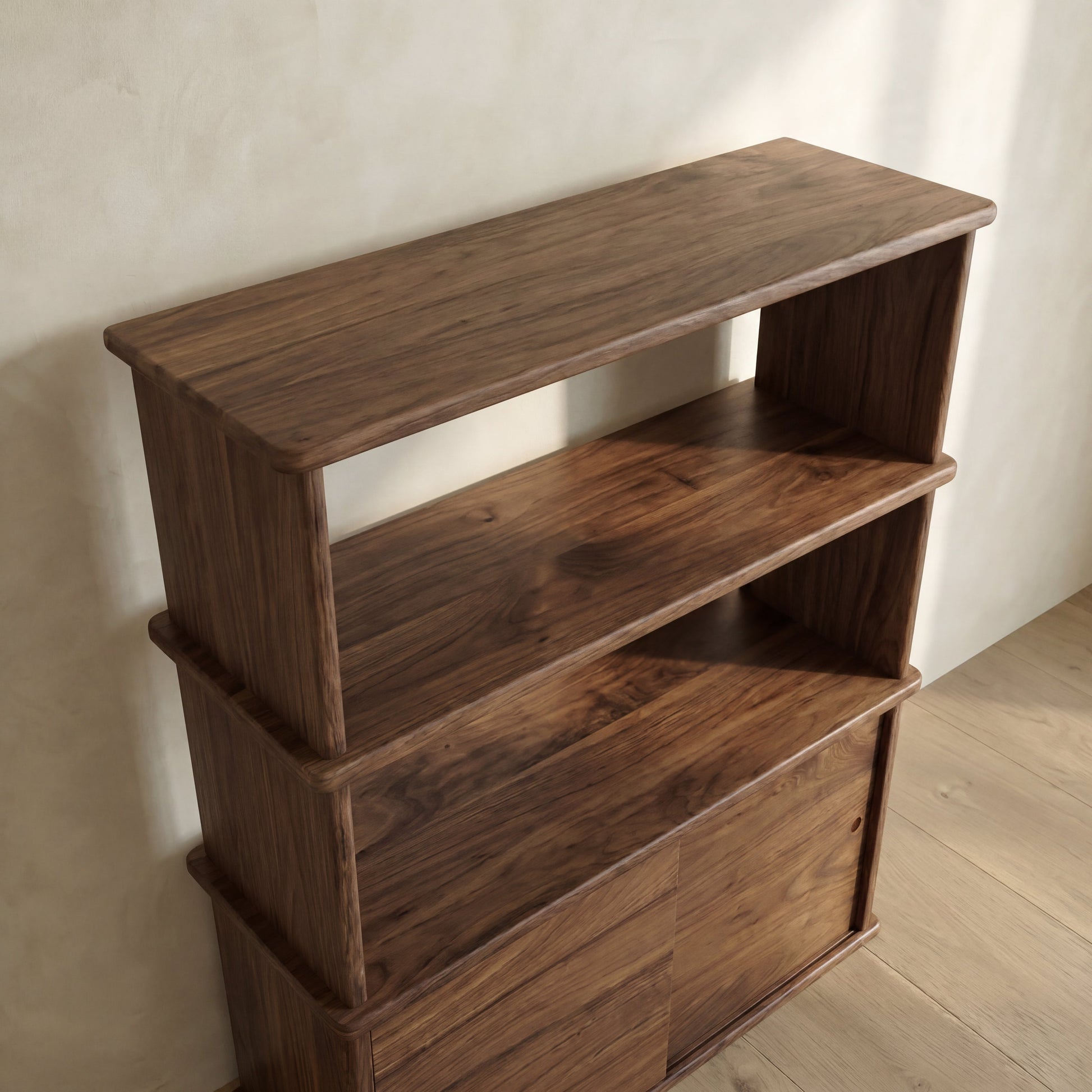 Sliding door bookcase in walnut