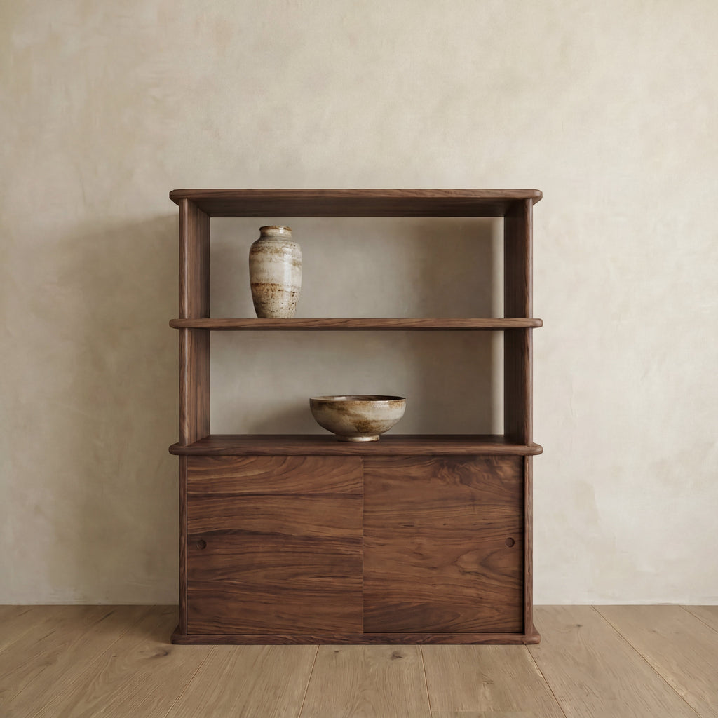 Sliding door bookcase in walnut