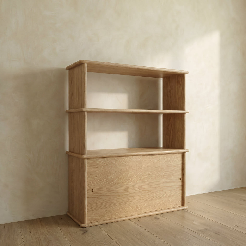Sliding door bookcase in white oak