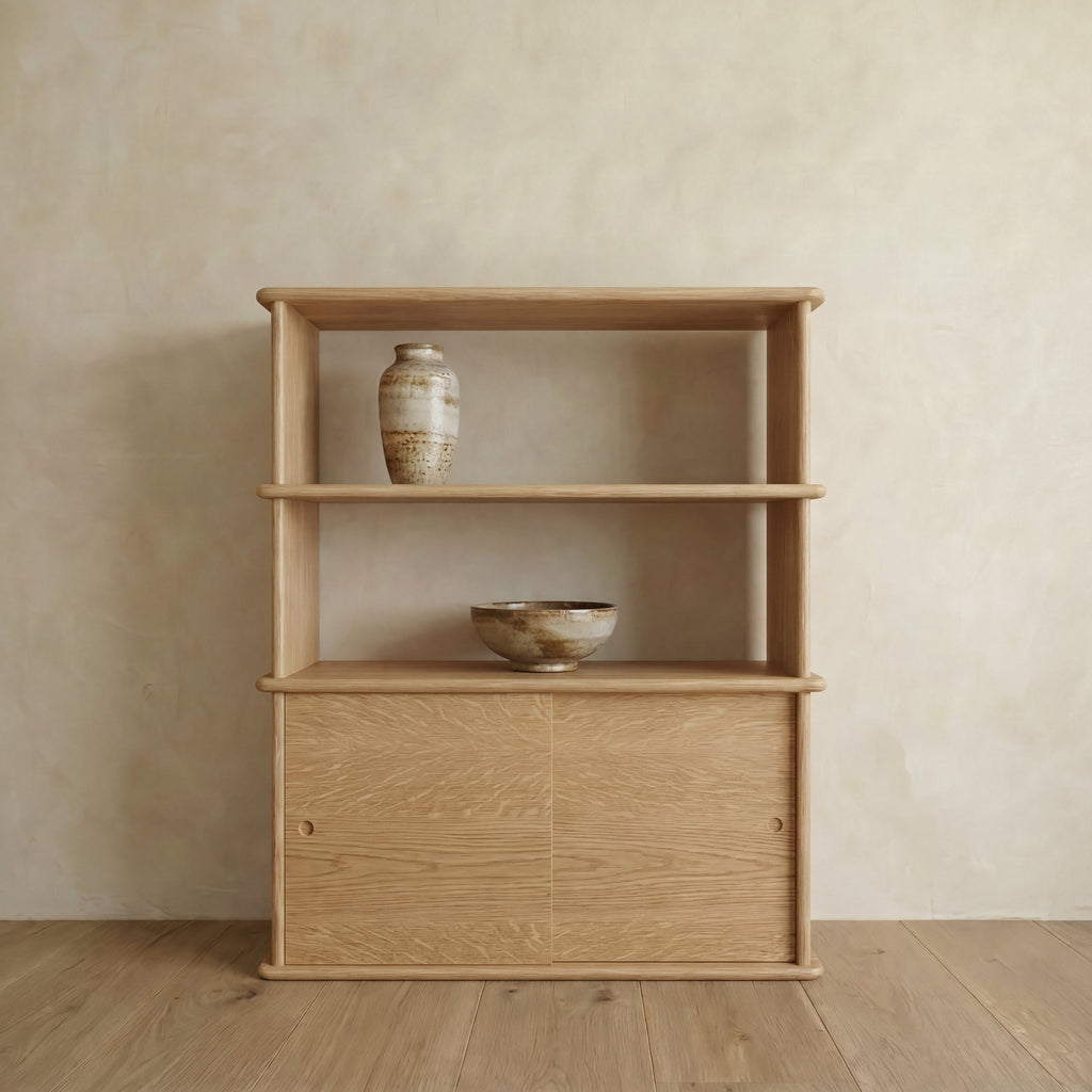 Sliding door bookcase in white oak