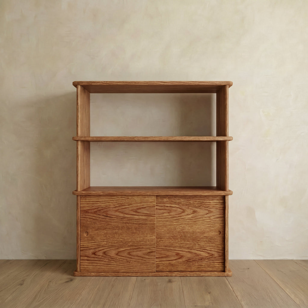 Sliding door bookcase in red oak