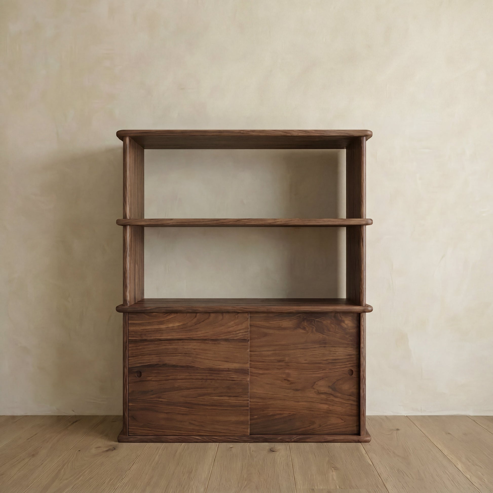 Sliding door bookcase in walnut