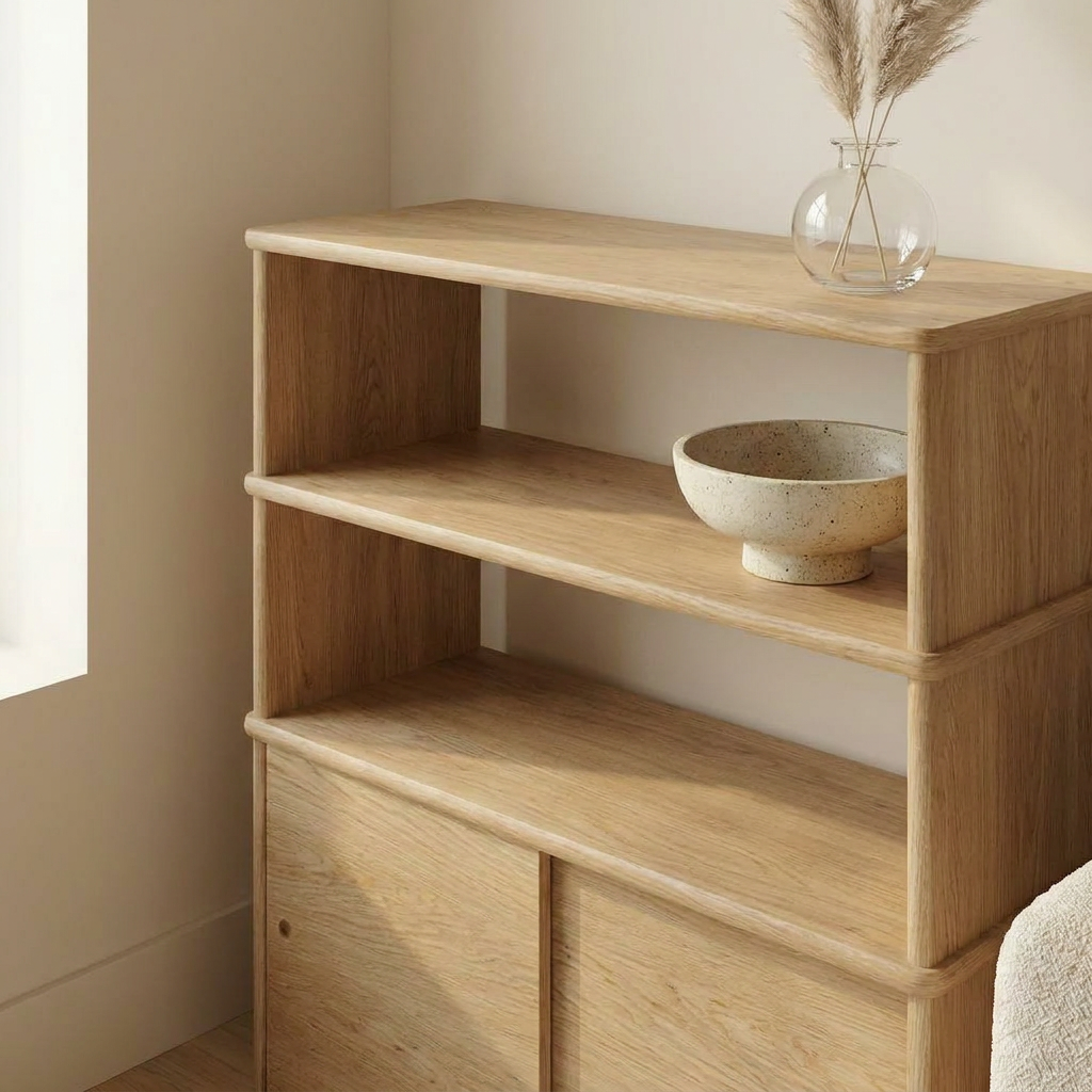 Sliding door bookcase in white oak