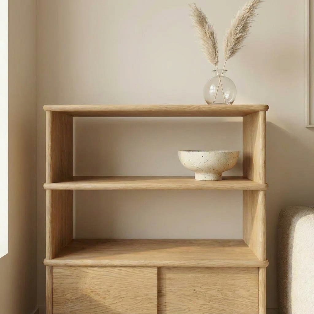 Sliding door bookcase in white oak