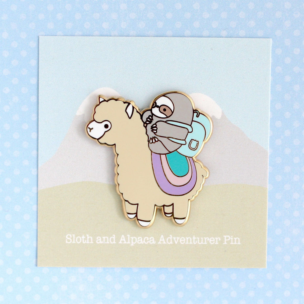 Sloth and Alpaca Adventurer Pin (Gold, Pastel Variant) - Alpaca Enamel Pin - Sloth Gift - Llama Lapel Pin