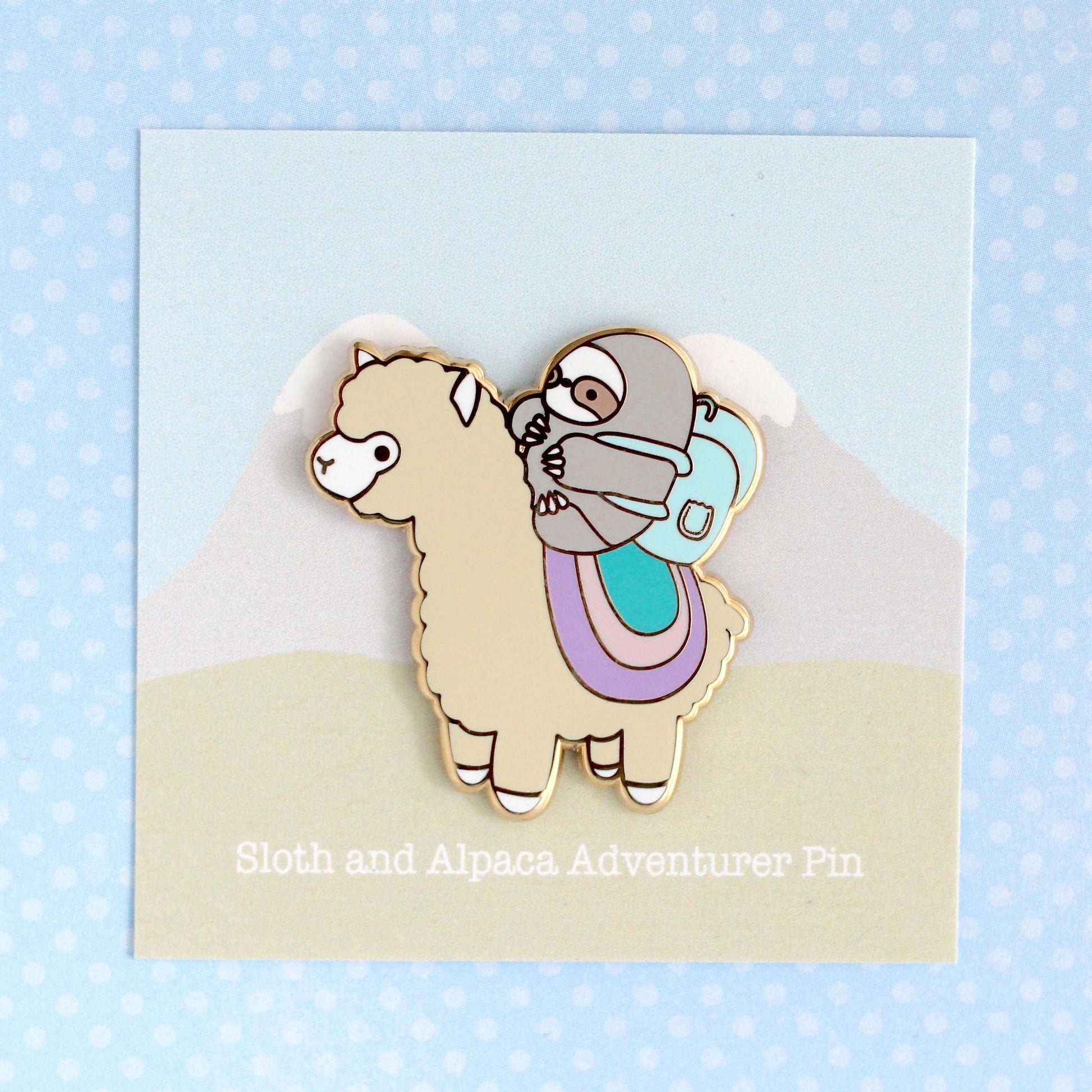 Sloth and Alpaca Adventurer Pin (Gold, Pastel Variant) - Alpaca Enamel Pin - Sloth Gift - Llama Lapel Pin