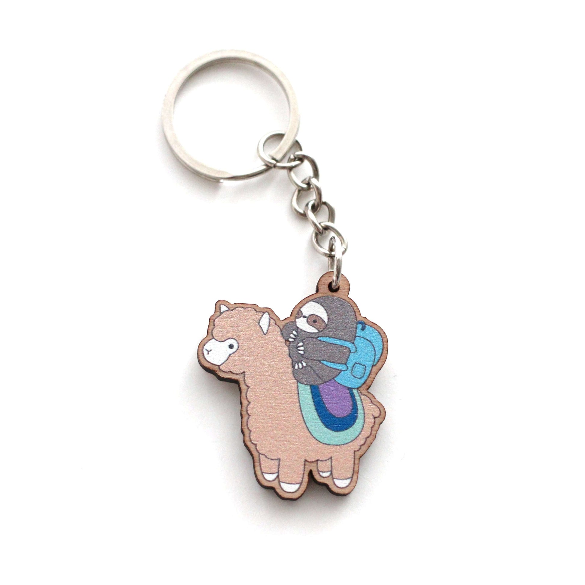 Porte-clés en bois « Aventurier paresseux et alpaga » (marron) - Cadeau durable - Cadeau lama