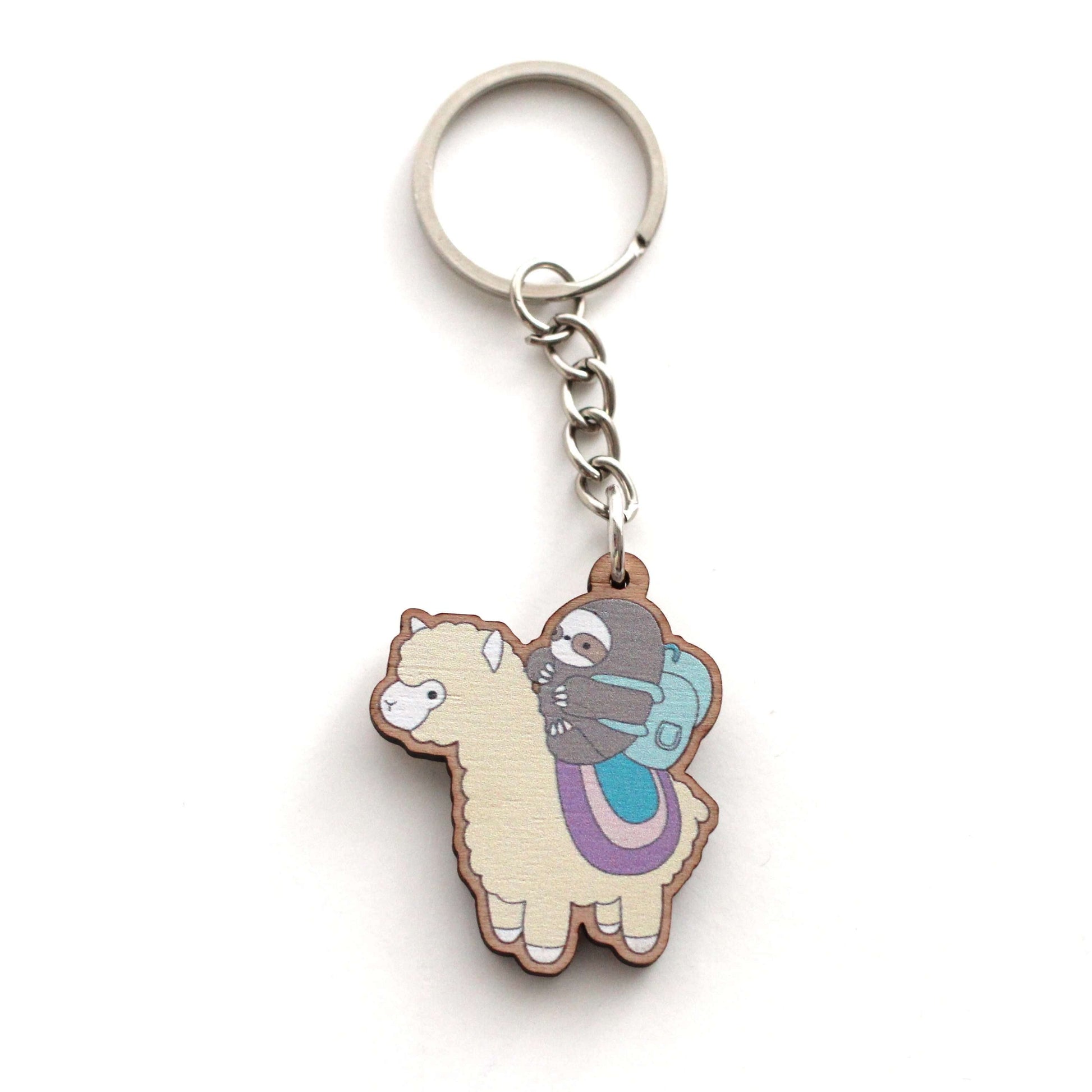 Porte-clés en bois léger, paresseux et alpaga aventurier - Cadeau durable - Cadeau lama