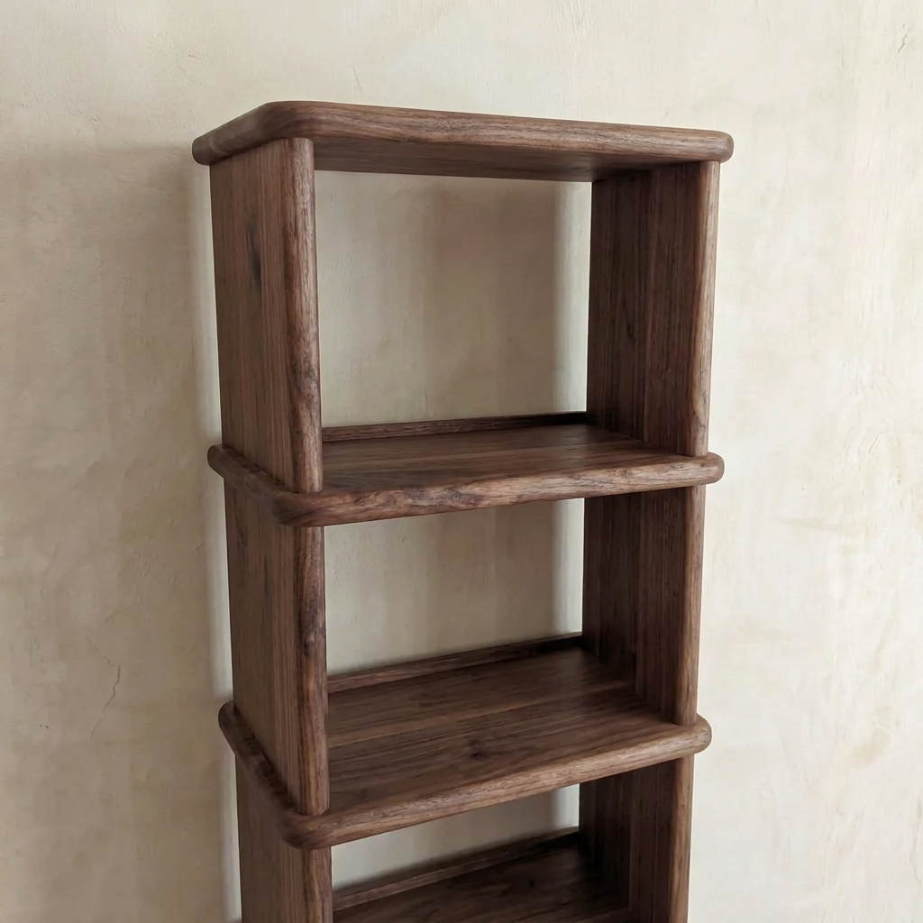 Tall narrow bookcase in walnut