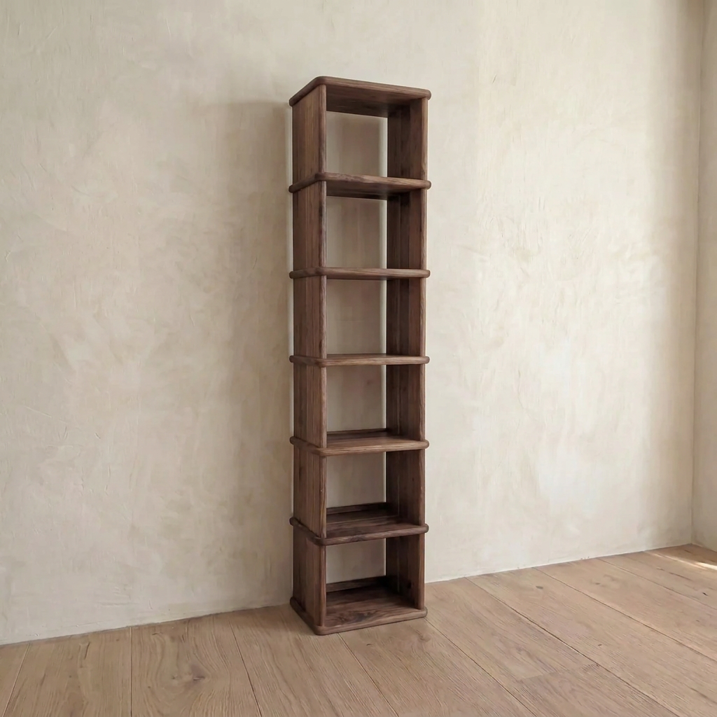 Tall narrow bookcase in walnut