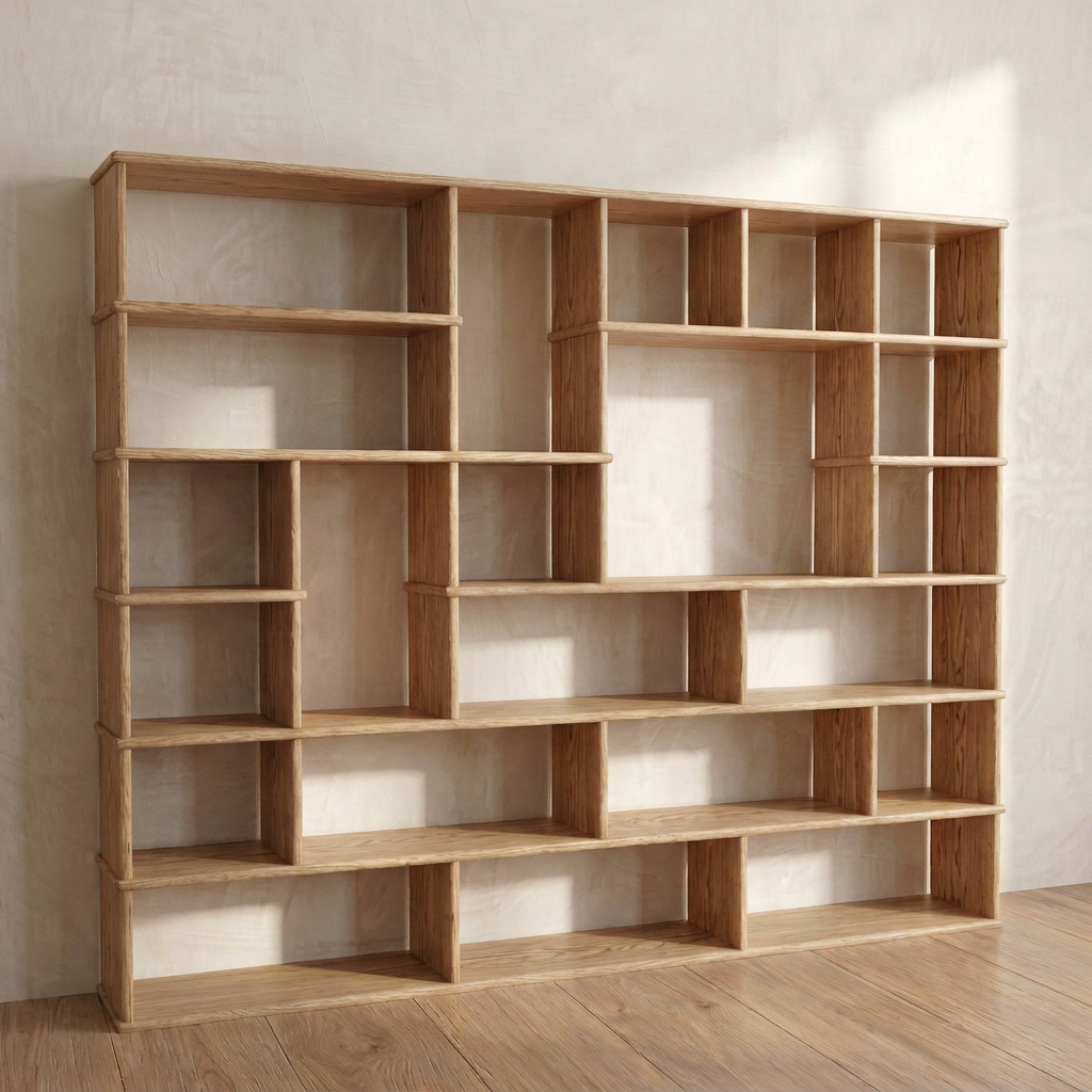 Large geometric bookcase in white oak