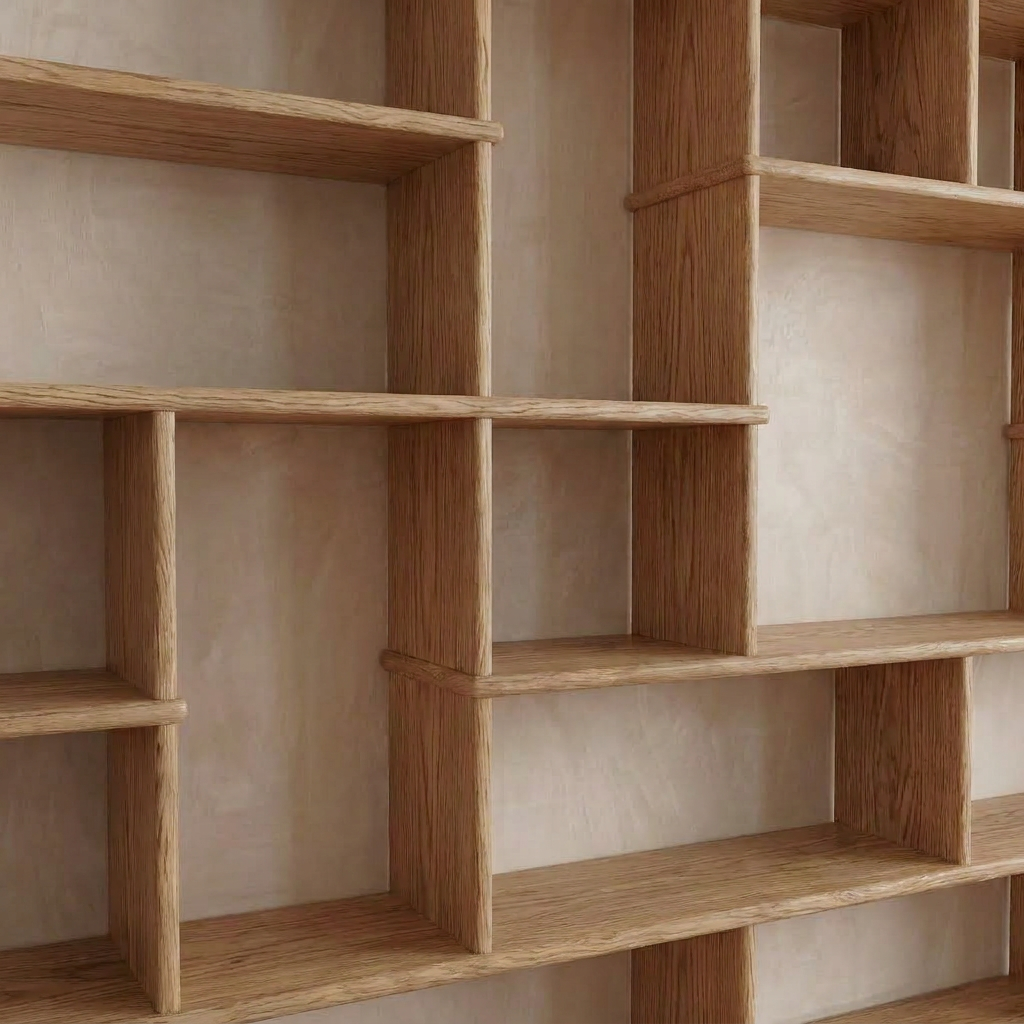 Large geometric bookcase in white oak