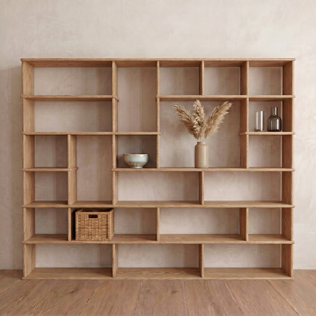 Large geometric bookcase in white oak