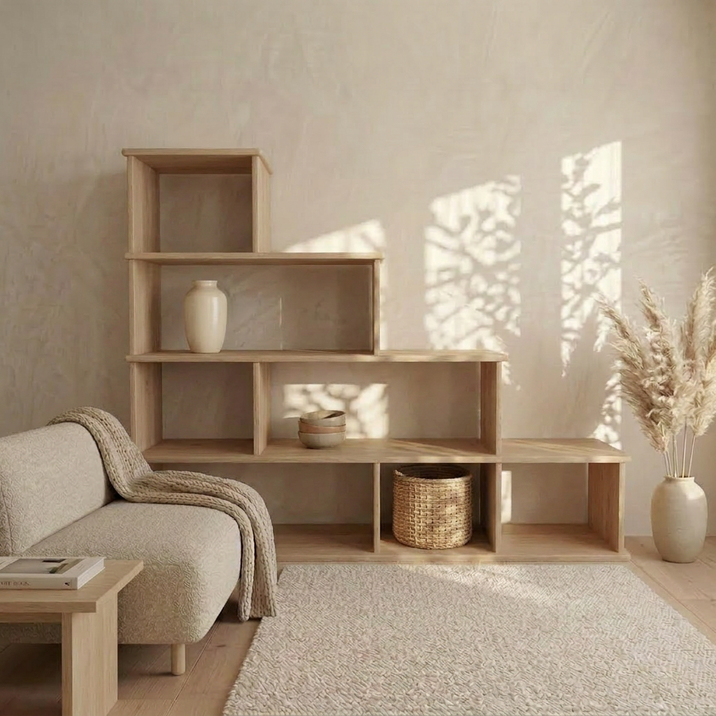 Step bookshelf in white oak