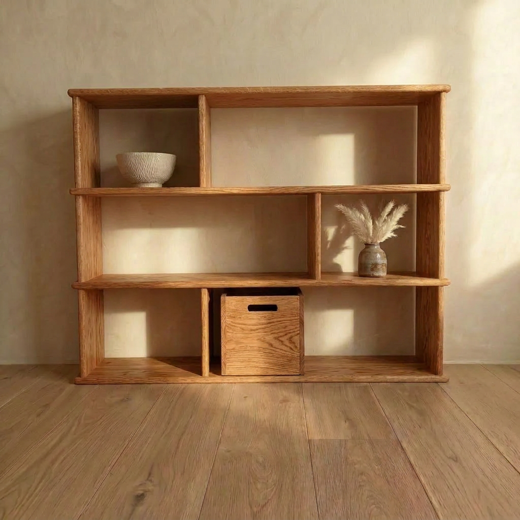 Asymmetric bookcase in red oak