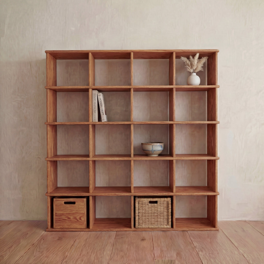 Cube bookshelf in red oak