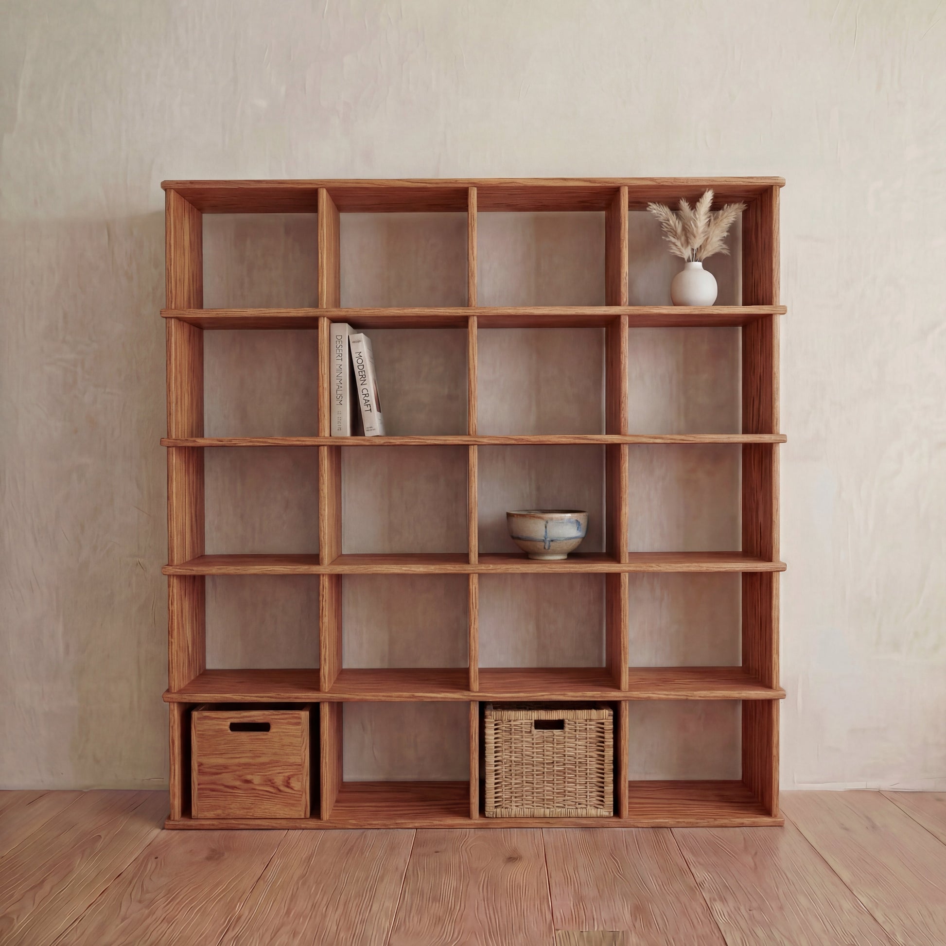 Cube bookshelf in red oak