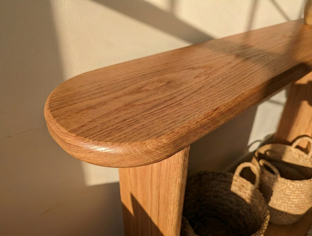 Narrow console table in red oak