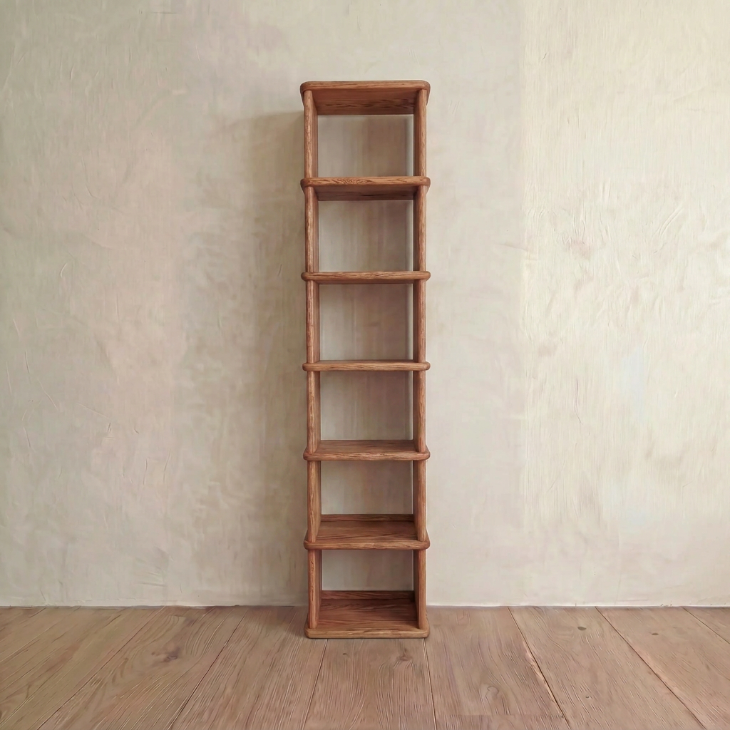 Tall narrow bookcase in red oak
