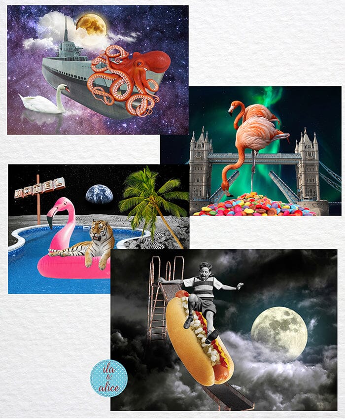 Moon Bathing Tiger in Space-Collage Art Postcards