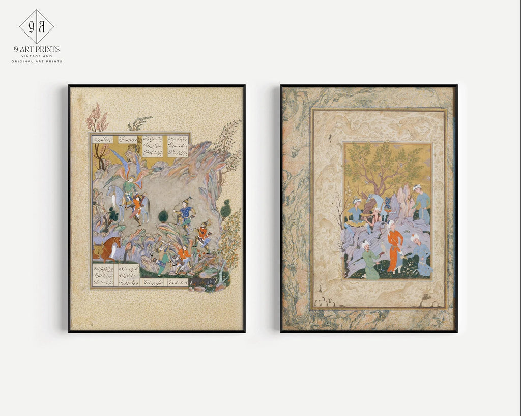 DUO DE MINIATURES PERSES ANCIENNES - Fête du faucon et Shahnameh | | Manuscrit enluminé ancien disponible encadré