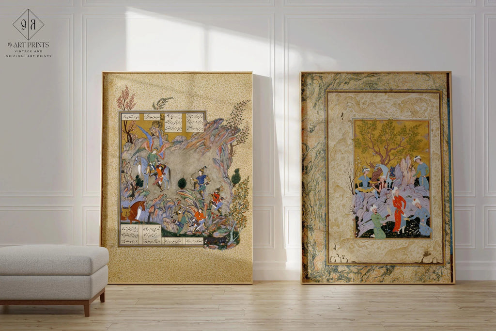 DUO DE MINIATURES PERSES ANCIENNES - Fête du faucon et Shahnameh | | Manuscrit enluminé ancien disponible encadré