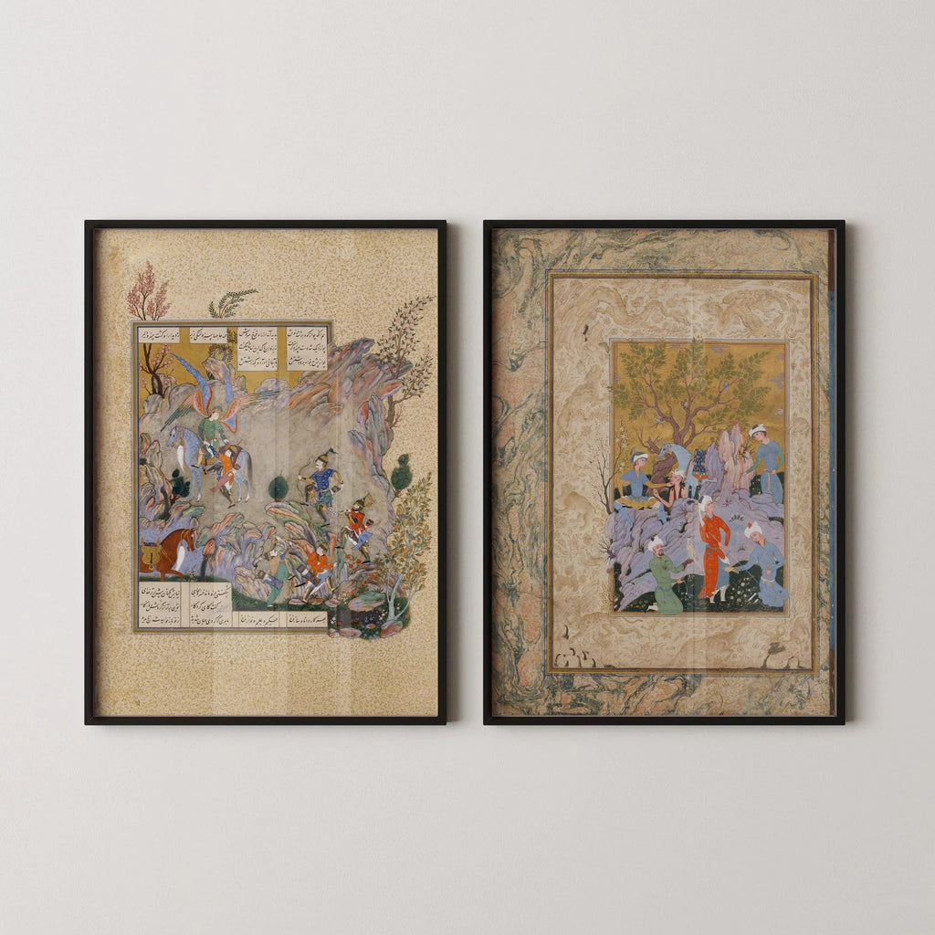 DUO DE MINIATURES PERSES ANCIENNES - Fête du faucon et Shahnameh | | Manuscrit enluminé ancien disponible encadré