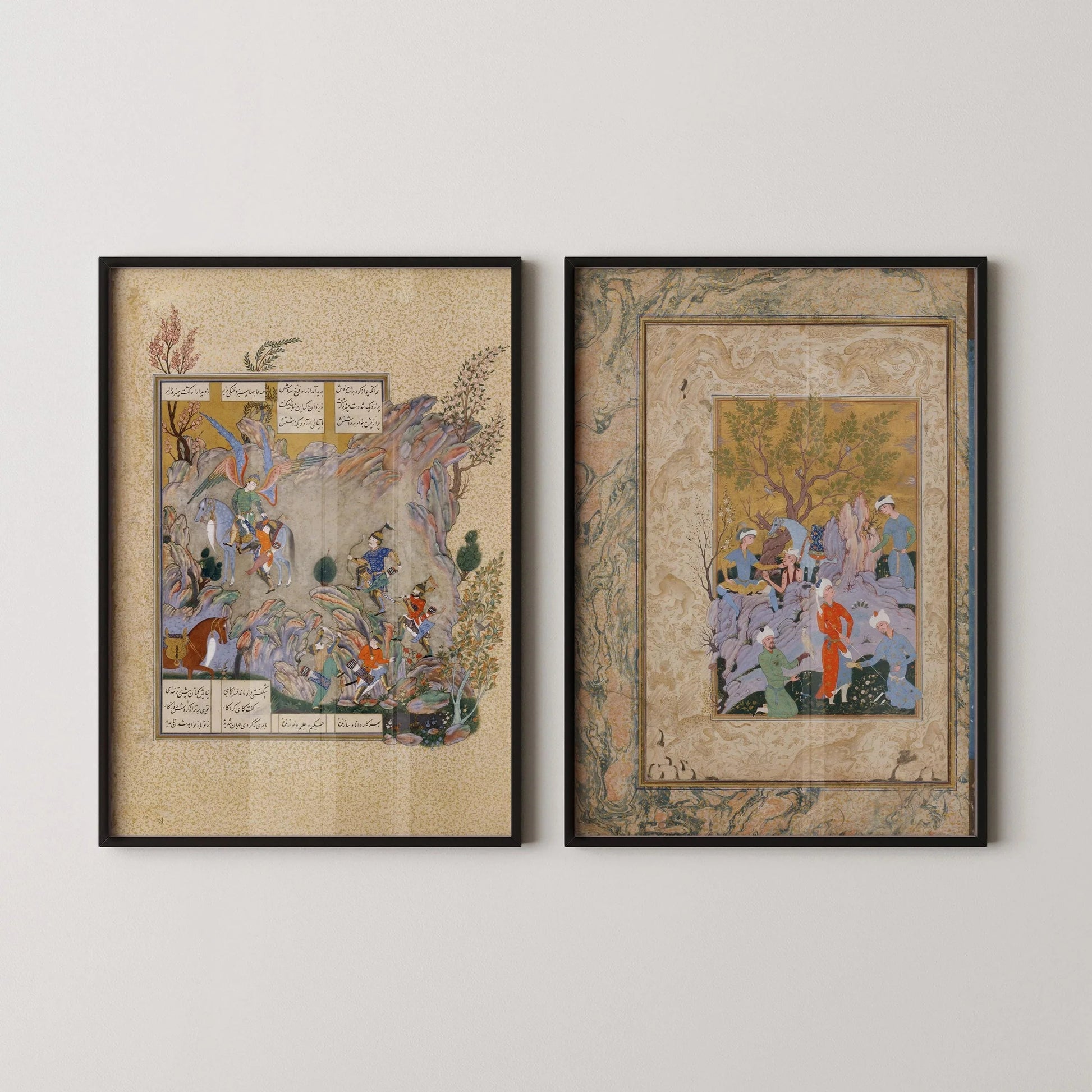DUO DE MINIATURES PERSES ANCIENNES - Fête du faucon et Shahnameh | | Manuscrit enluminé ancien disponible encadré