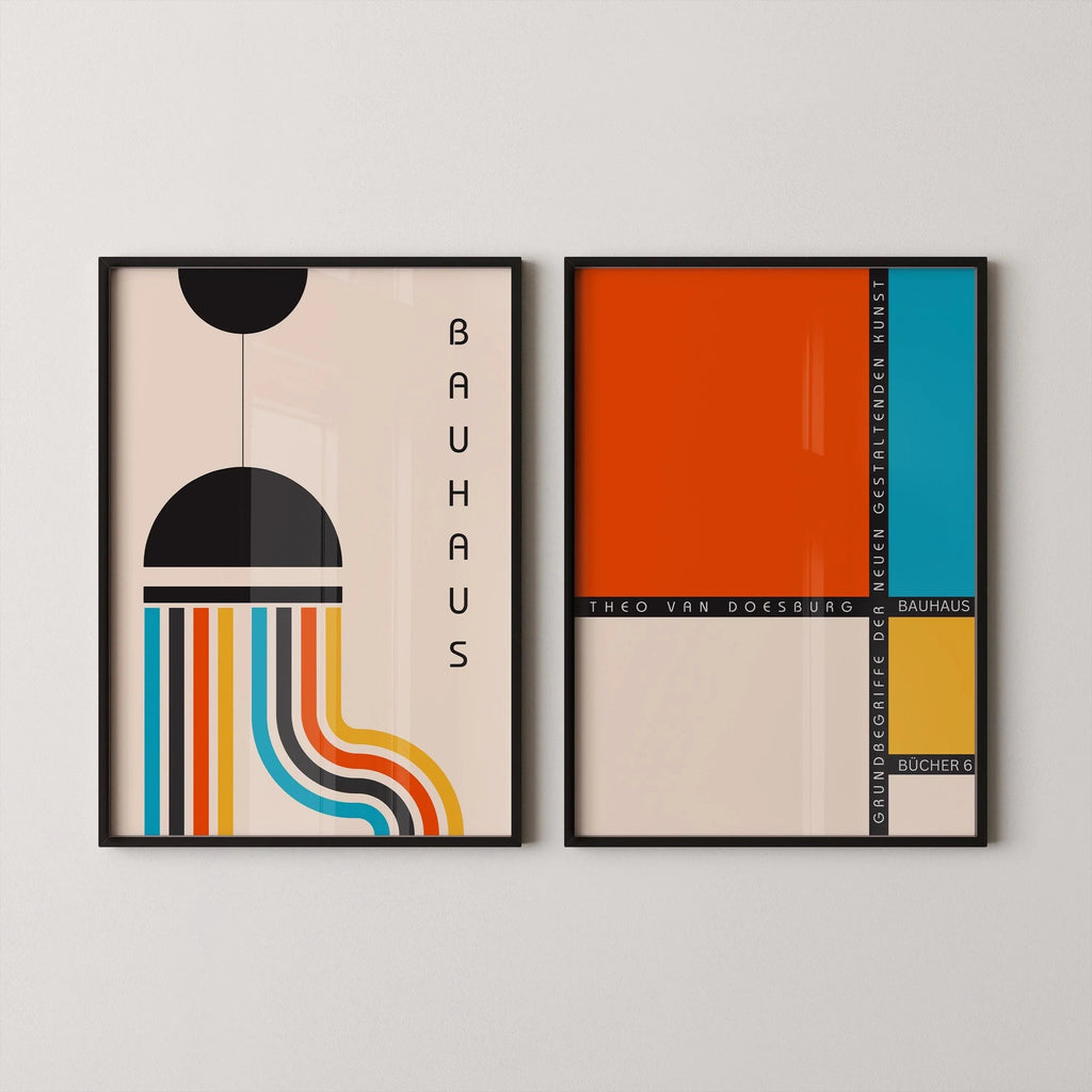 DUO D'AFFICHES COLORÉES Bauhaus | Affiches d'art moderne du milieu du siècle | Disponibles encadrées