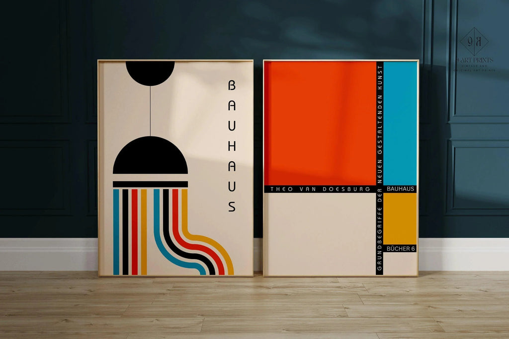 DUO D'AFFICHES COLORÉES Bauhaus | Affiches d'art moderne du milieu du siècle | Disponibles encadrées
