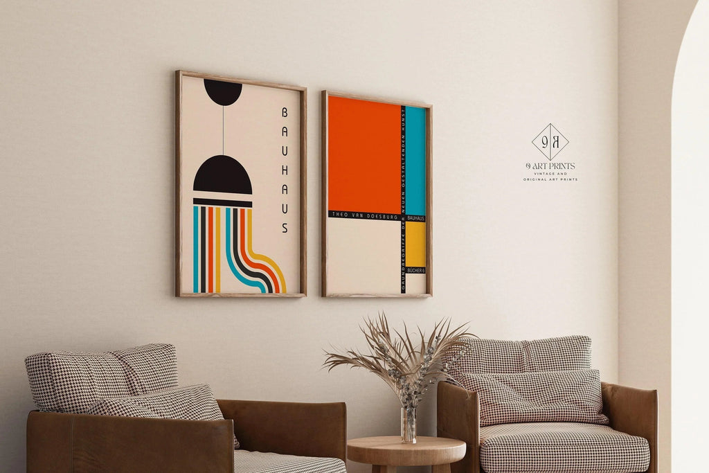 DUO D'AFFICHES COLORÉES Bauhaus | Affiches d'art moderne du milieu du siècle | Disponibles encadrées