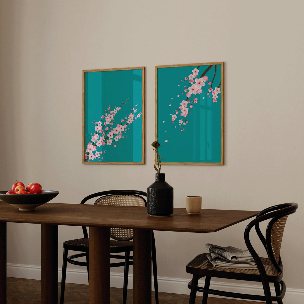DUO D'IMPRESSIONS Sakura Fleurs de Cerisier | | Impression Turquoise Rose Marché aux Fleurs disponible encadrée
