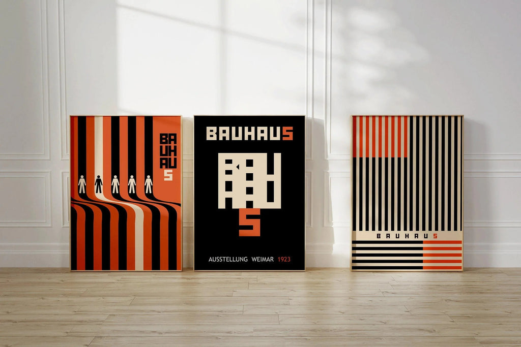 TRIO D'AFFICHES Bauhaus Noir et Orange | Notre ensemble d'exposition moderne du milieu du siècle le plus vendu | Disponible encadré