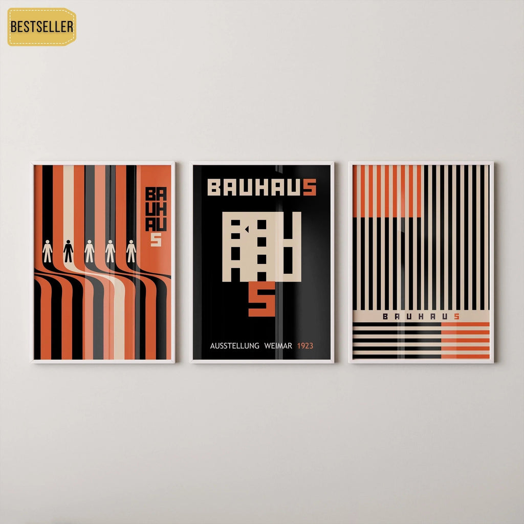 TRIO D'AFFICHES Bauhaus Noir et Orange | Notre ensemble d'exposition moderne du milieu du siècle le plus vendu | Disponible encadré