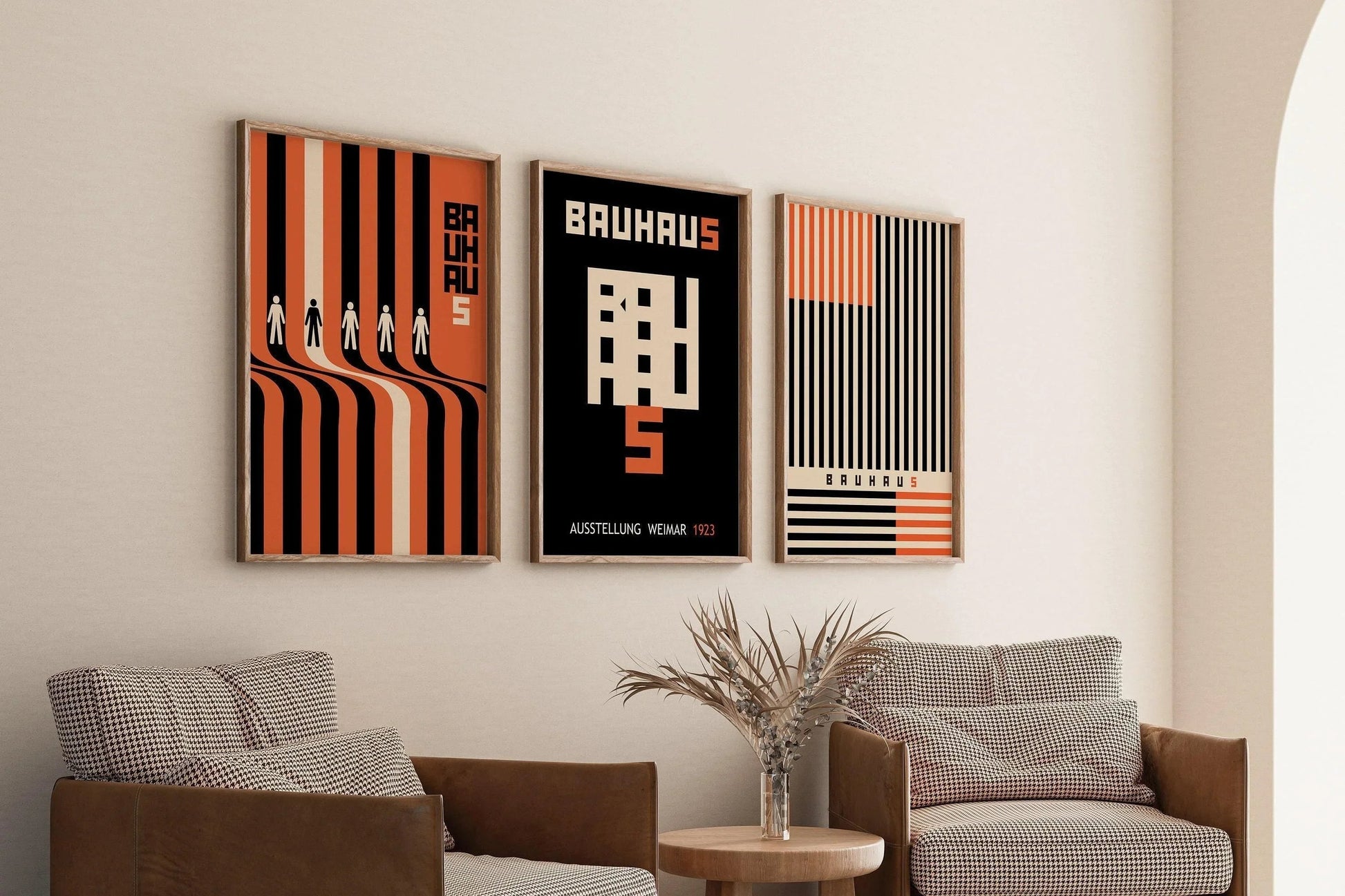 TRIO D'AFFICHES Bauhaus Noir et Orange | Notre ensemble d'exposition moderne du milieu du siècle le plus vendu | Disponible encadré