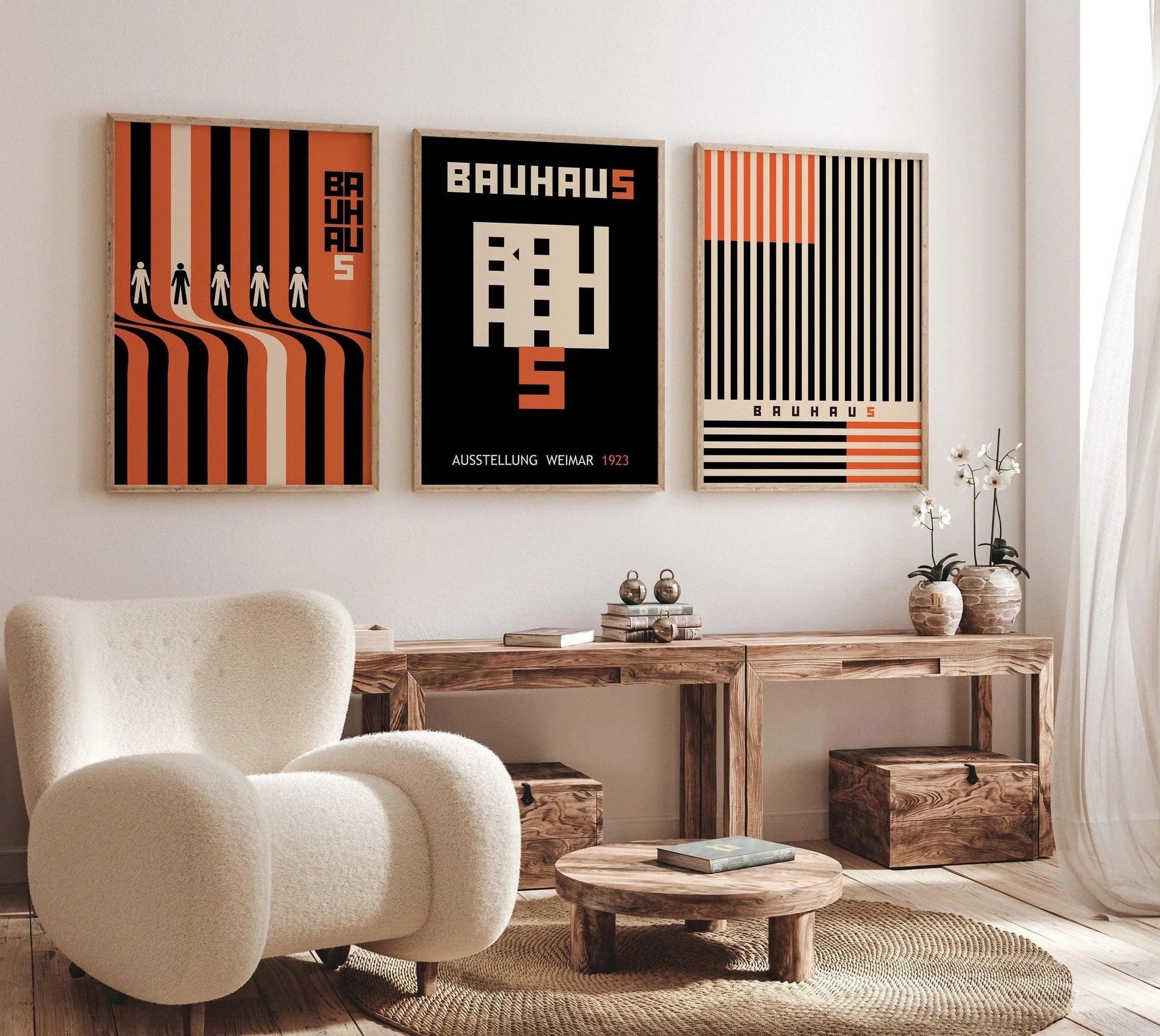 TRIO D'AFFICHES Bauhaus Noir et Orange | Notre ensemble d'exposition moderne du milieu du siècle le plus vendu | Disponible encadré