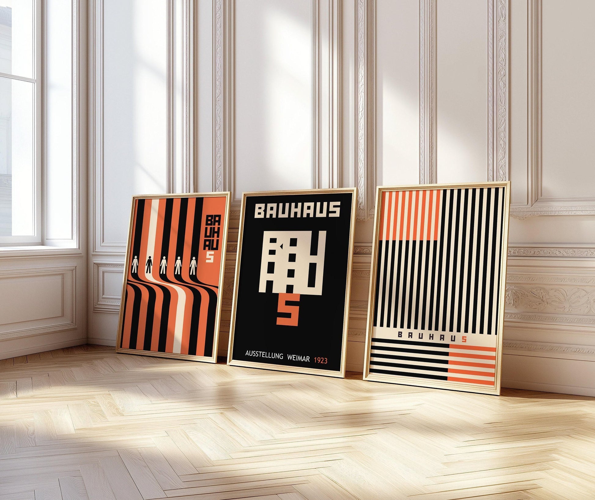 TRIO D'AFFICHES Bauhaus Noir et Orange | Notre ensemble d'exposition moderne du milieu du siècle le plus vendu | Disponible encadré
