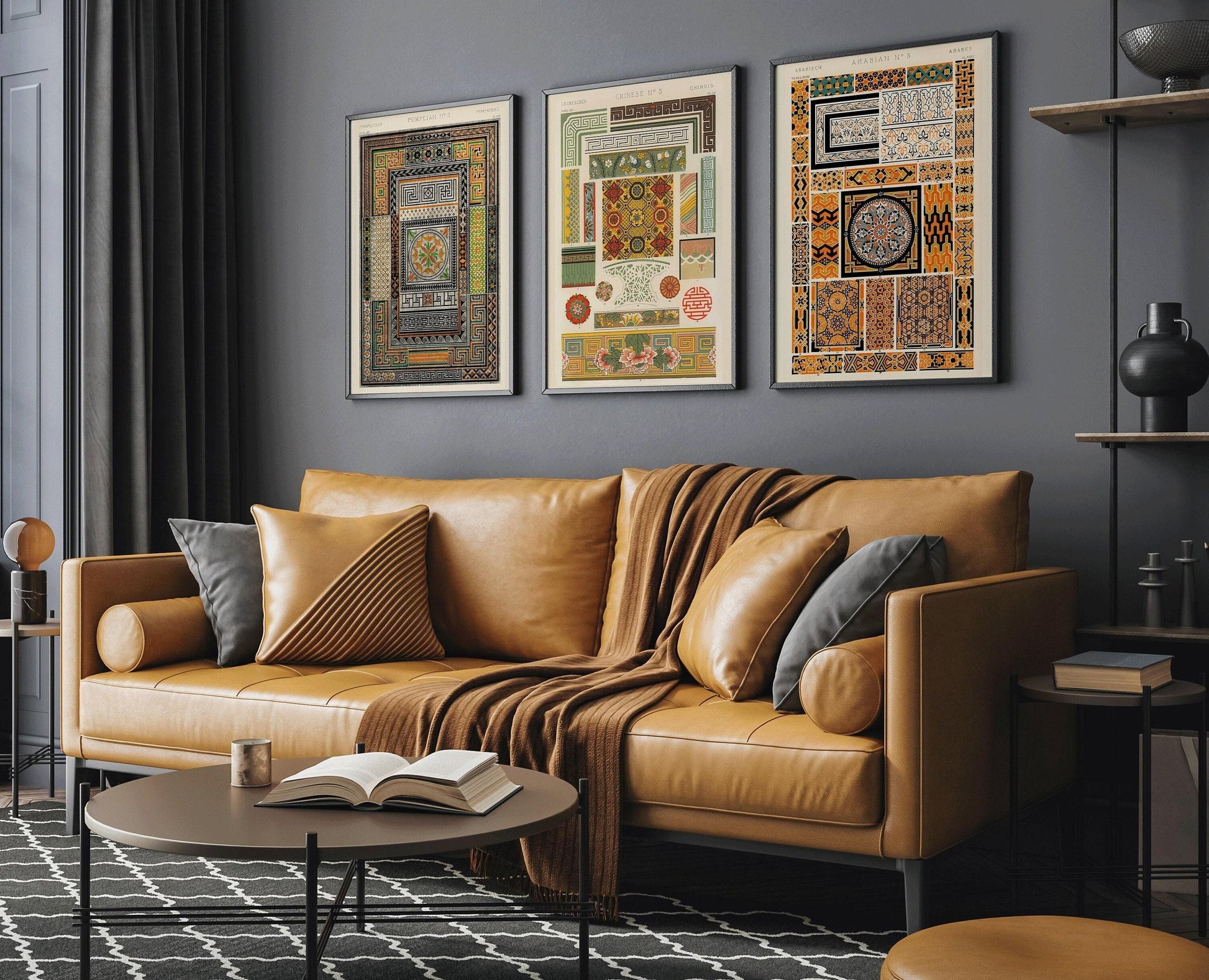 TRIO DE TABLEAUX Owen Jones | Motifs vintage pompéiens, arabes et chinois disponibles encadrés