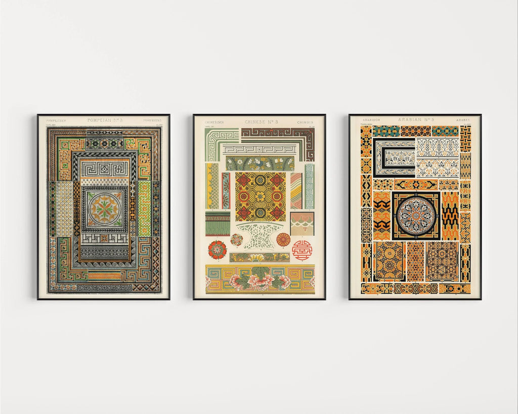TRIO DE TABLEAUX Owen Jones | Motifs vintage pompéiens, arabes et chinois disponibles encadrés