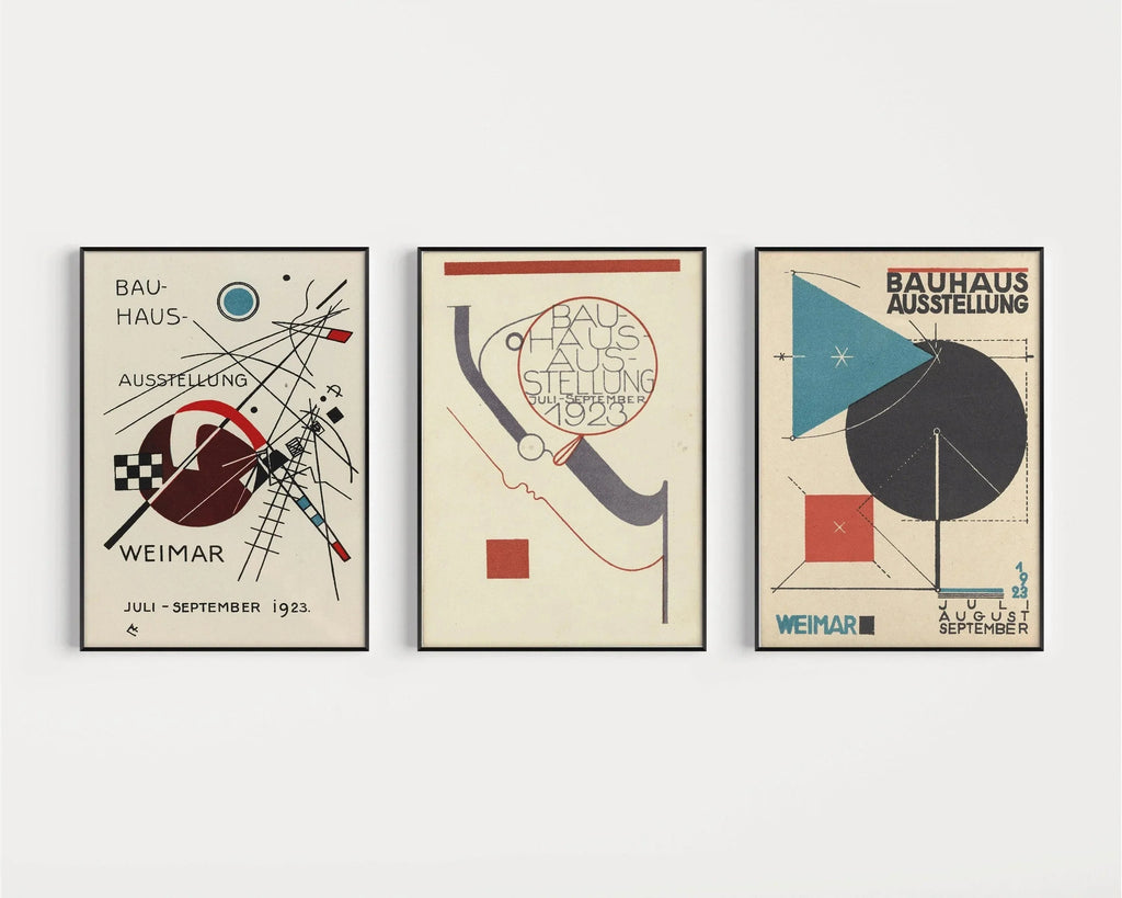 TRIO D'ŒUVRES Vintage Bauhaus | Estampes d'exposition du milieu du siècle | Disponibles encadrées ou non