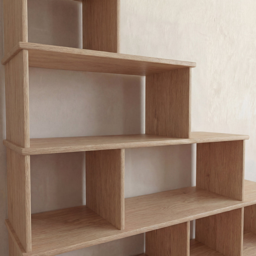 Step bookshelf in white oak