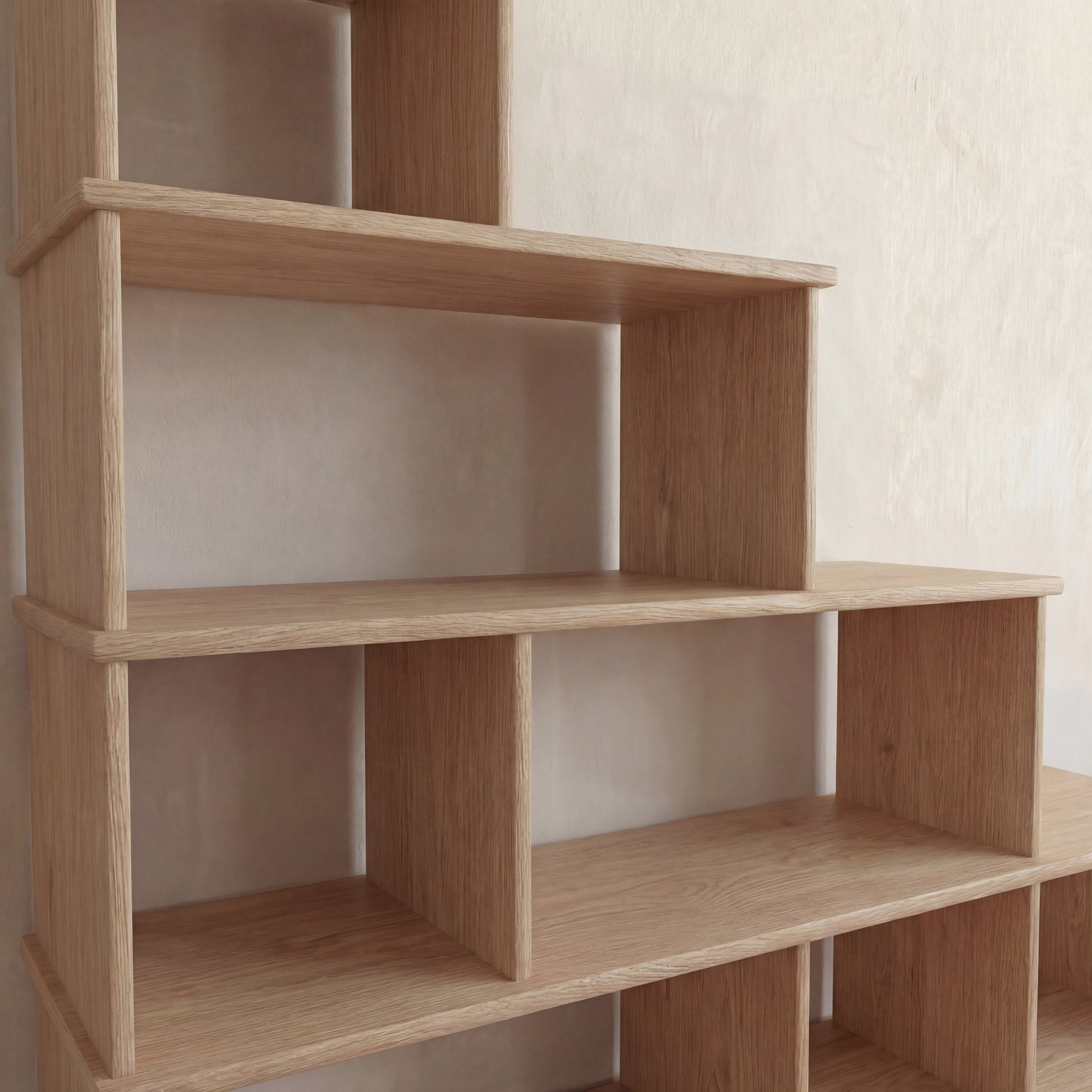 Step bookshelf in white oak