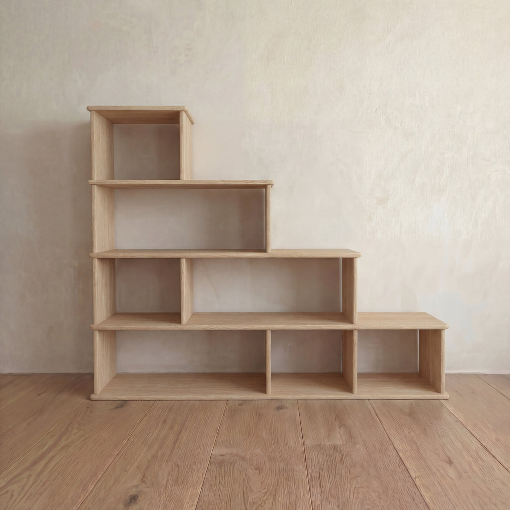Step bookshelf in white oak