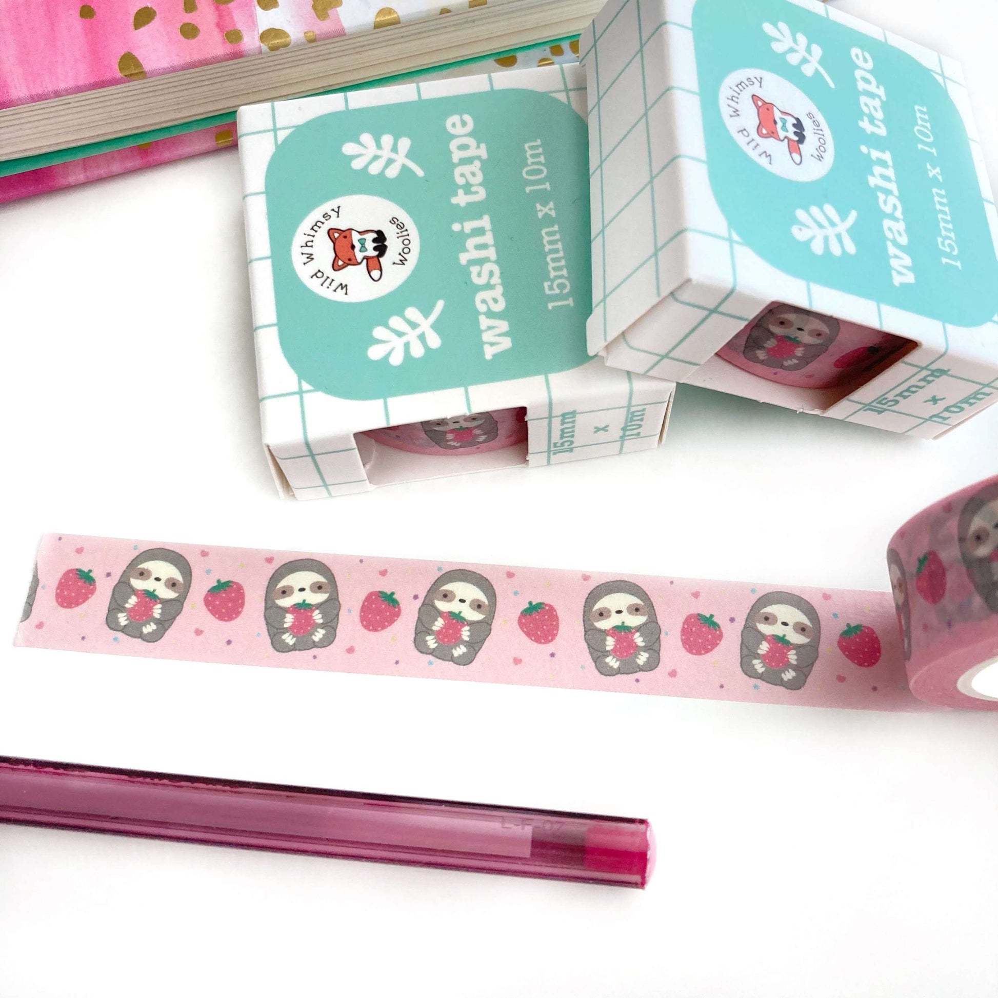 Strawberry Sloth Washi Tape - Sloth Lover Gift - Sloth Stationery