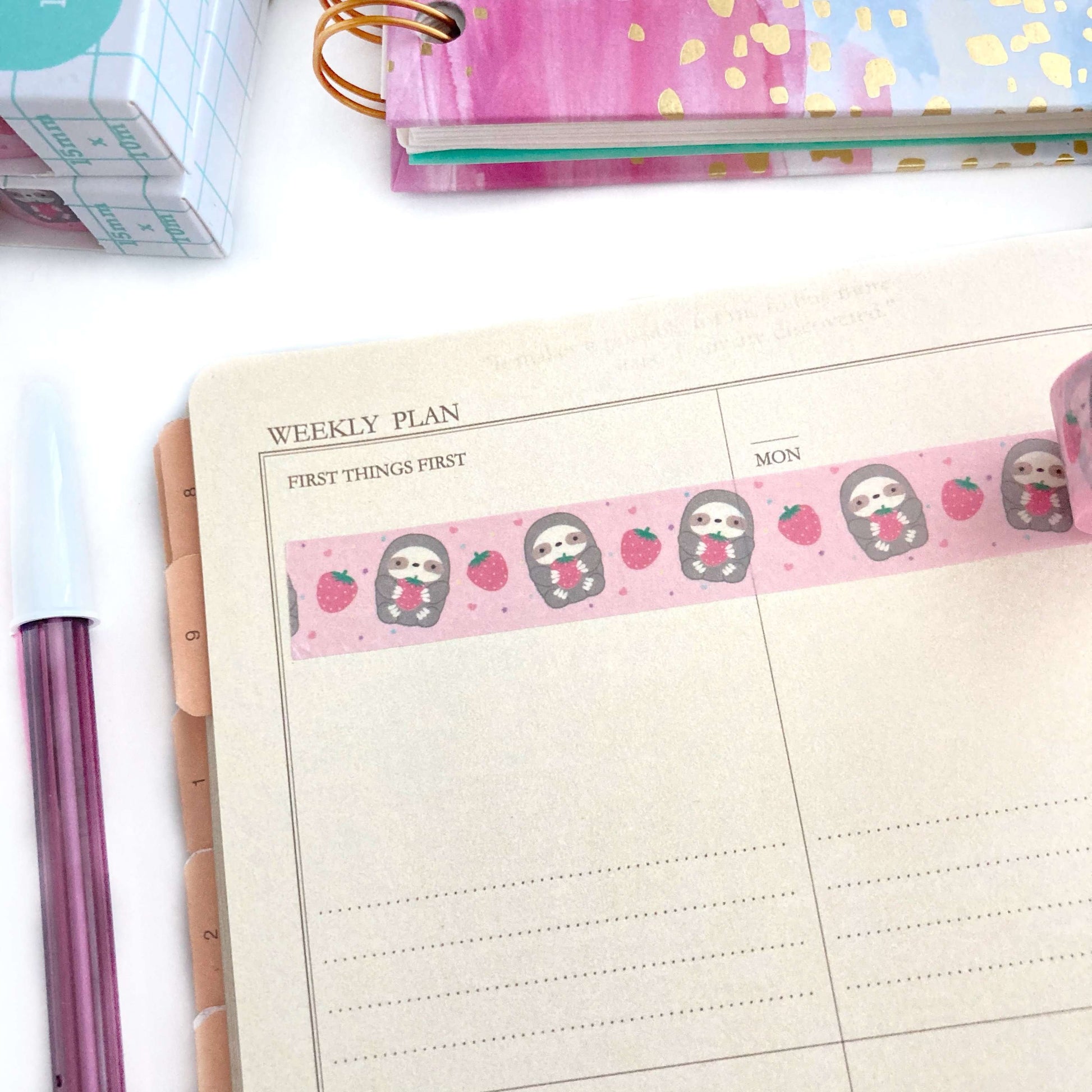 Strawberry Sloth Washi Tape - Sloth Lover Gift - Sloth Stationery