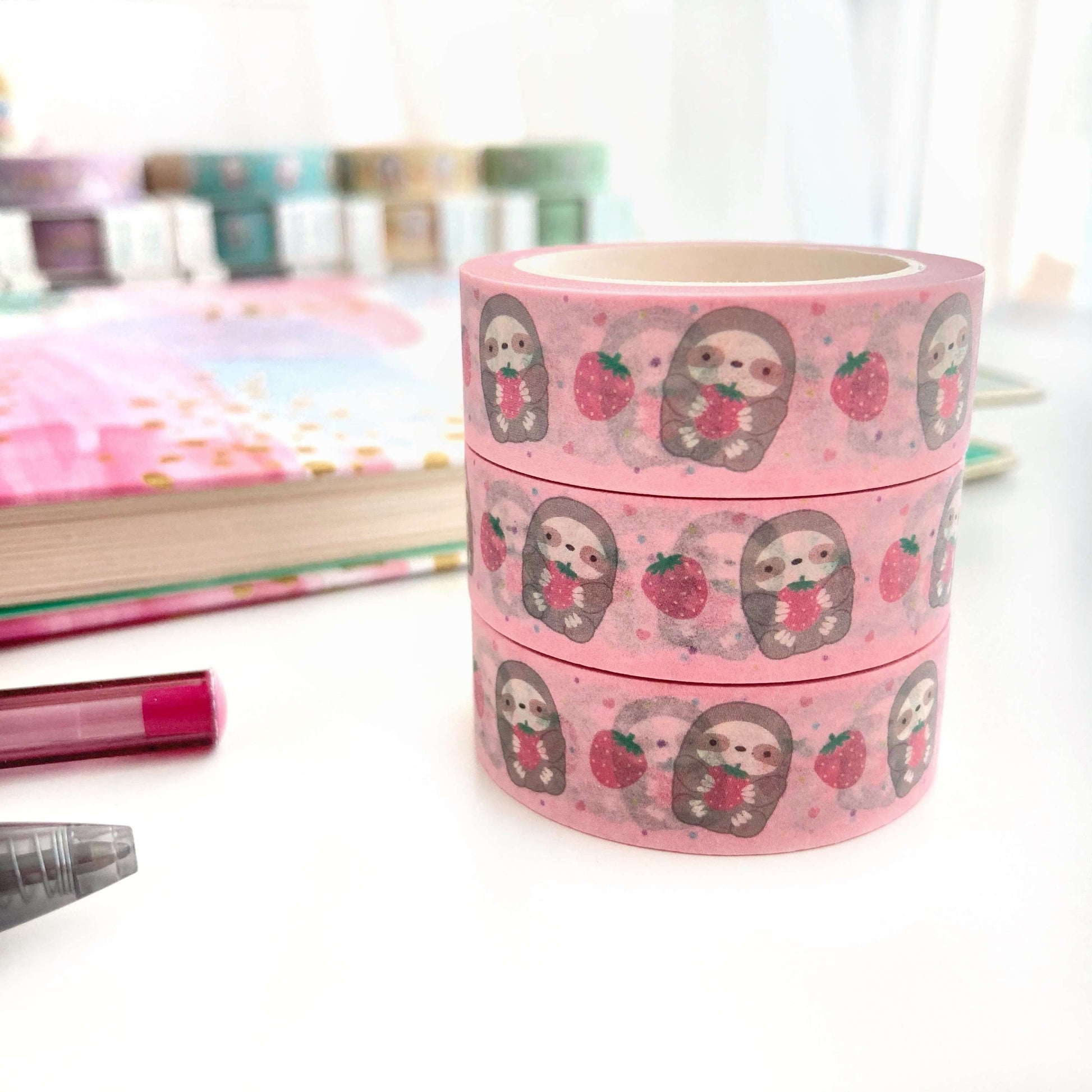 Strawberry Sloth Washi Tape - Sloth Lover Gift - Sloth Stationery